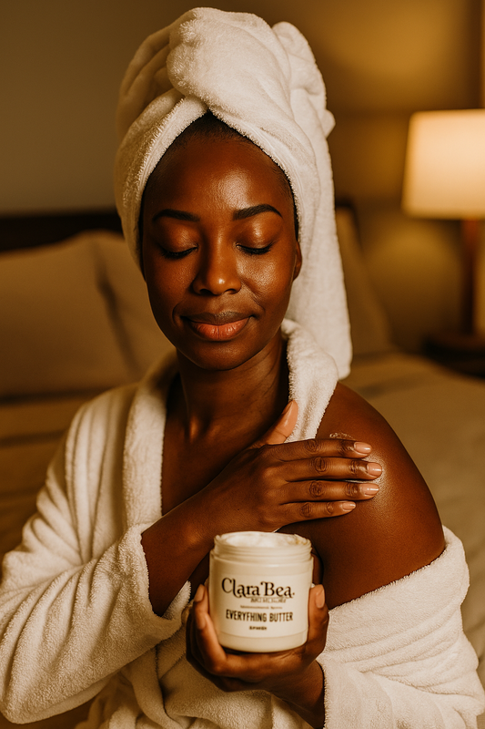 A woman unwinds after a shower, moisturizing her skin with Clara Bea Essentials Everything Butter for a soft, radiant glow.